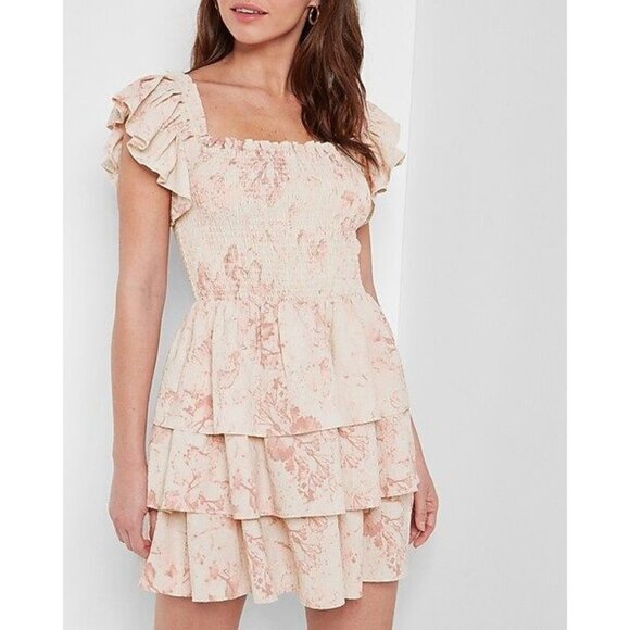 Brand new Women's Express Watercolor Print Smocked Tiered Ruffle Dress, size sma - Picture 1 of 13